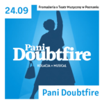 Event poster for Pani Doubtfire: date 24.09, a blue-toned silhouette of a person raising an arm, featuring bold white title text and subtitle 'Kolacja + Musical'.